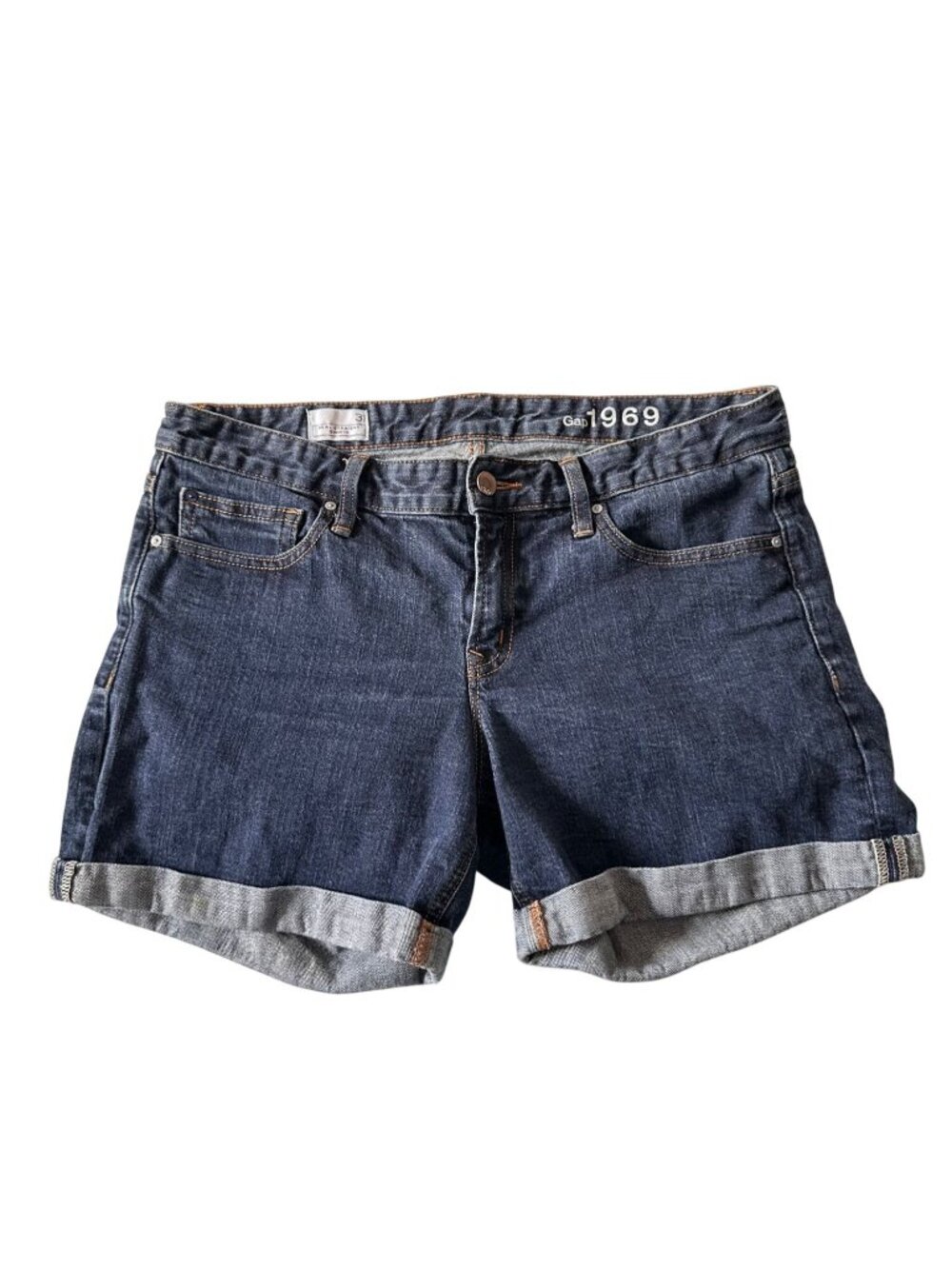 Gap 1969 Real Straight Denim Shorts 31 Indigo Rinse Mid Rise Cuffed Stretch
